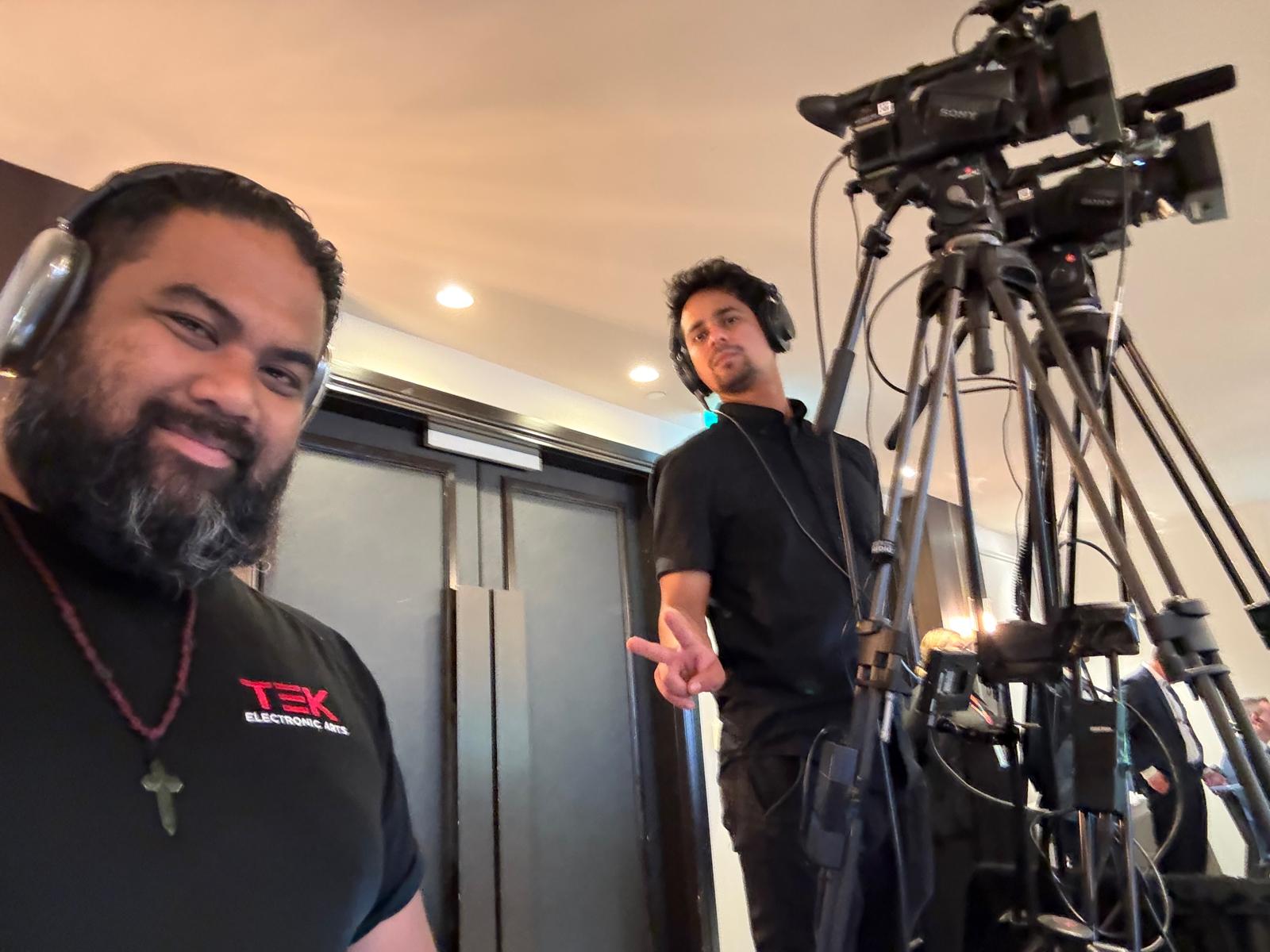Wayne and James with camera rigs at Myer AGM