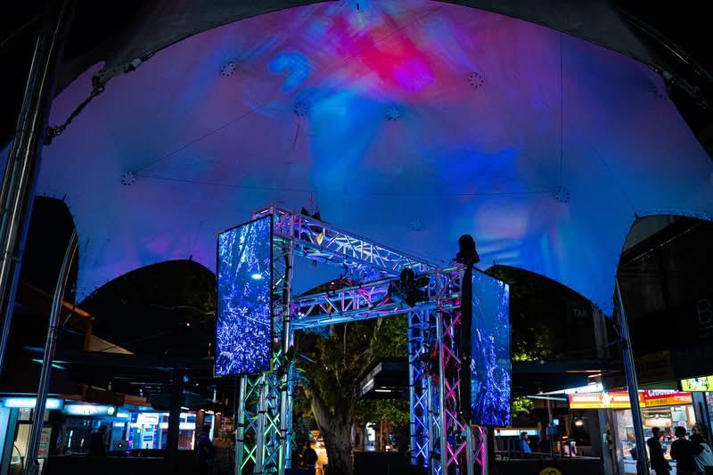 Projection mapping across the Lane Cove Plaza canopy